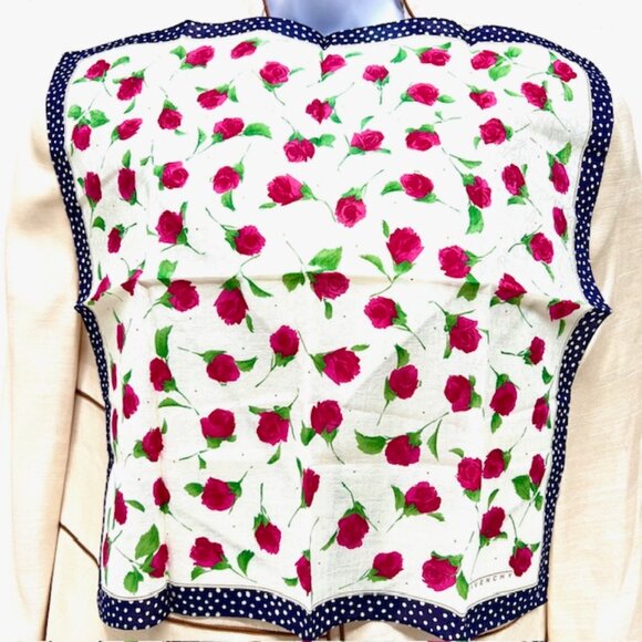 New Unused Givenchy  WOMEN Mini Scarf cotton 18"  black white dott red roses(95 - Picture 3 of 7